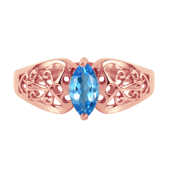 14K. SOLID GOLD FILIGREE RING WITH NATURAL BLUE TOPAZ (Rose Gold)